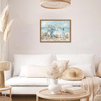 Framed Beach Canvas Wall Art, Blue Coastal Pictures Wall Decor Paintings, Ocean with White Floral Shell Poster Prints, Modern Seascape Artwork Home Decor for Living Room Bathroom 16x24 inch