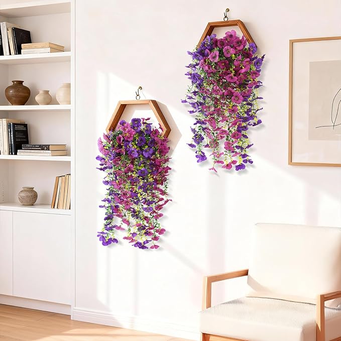 Fake Artificial Flowers for Outdoors, 4 Pcs Faux Hanging Pansy Flowers Spring Summer Decor, UV Resistant No Fade Fake Plants Silk Flower for Planter Front Door Porch Patio Yard Garden(Purple Rose Red)