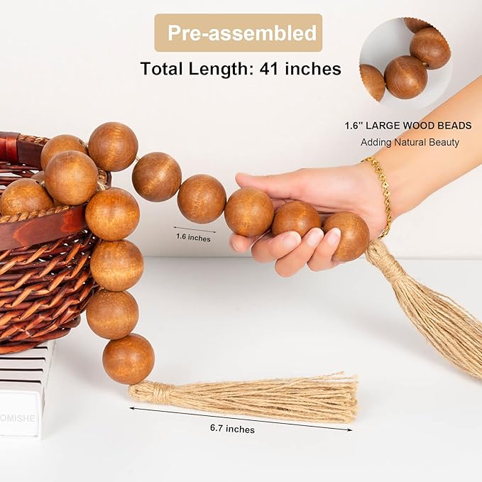 OMISHE Extra Large Wood Bead Garland Brown with 1.6" Diameter Wooden Beads and Tassels, 41" Long Rustic Farmhouse Country Decorative Beads for Home Tiered Tray Decor, Brown