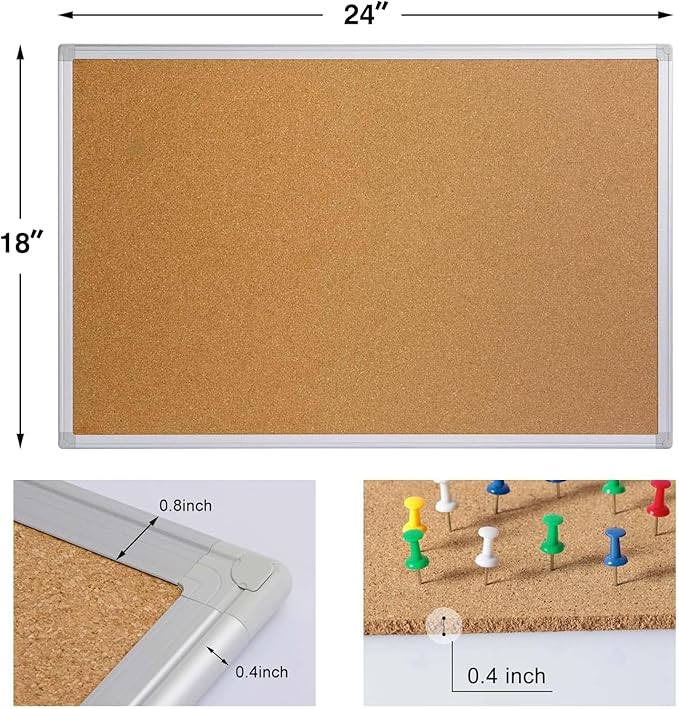 Cork Board Bulletin Board 24 x 18 Inches, Silver Aluminium Framed Corkboard, Office Board for Wall Cork, Large Wall Mounted Notice Pin Board for Home, Office and School