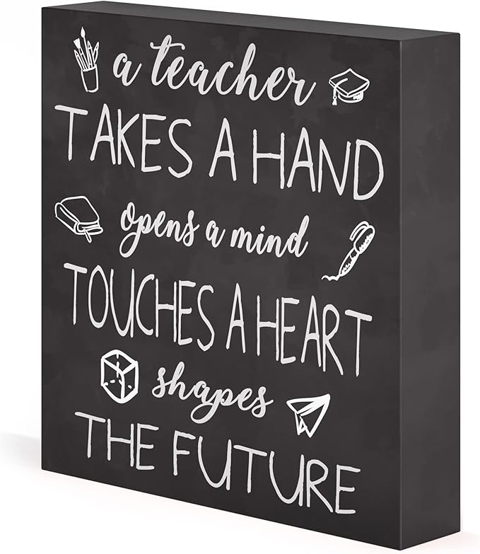 Barnyard Designs Wooden Box Sign Motivational Desk Decor, Inspirational Office Desk Decorations for Women Office Bathroom Shelf Décor (Teacher)