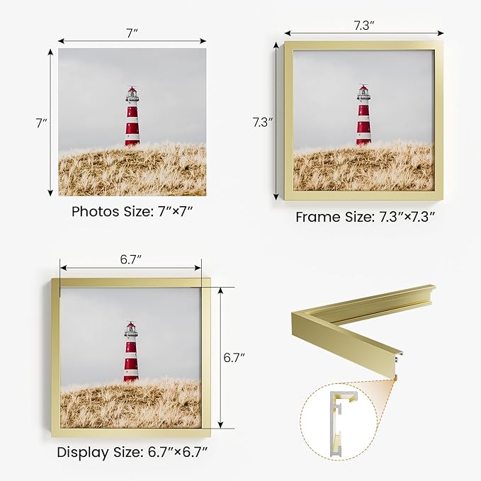 7x7 Aluminum Metal Picture Frame,Tempered Glass Gold Photo Frame 7x7 for Family Photo,Posters,Art,Document to Wall Mount Horizontally or Vertically