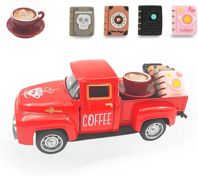 Vintage Mini Metal Pickup Truck with The Coffee Decor and The 4 Books,for Home Farmhouse Kitchen Decor & Coffee Decorations (Coffee-Red)