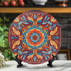 Decorative Plates for Display 10" Ornate Baroque Floral Mandala Rich Red Orange Blue Hues Ceramic Ornament with Display Stand and Hook Up for Wall Decor Hanging Festival Wedding Gift