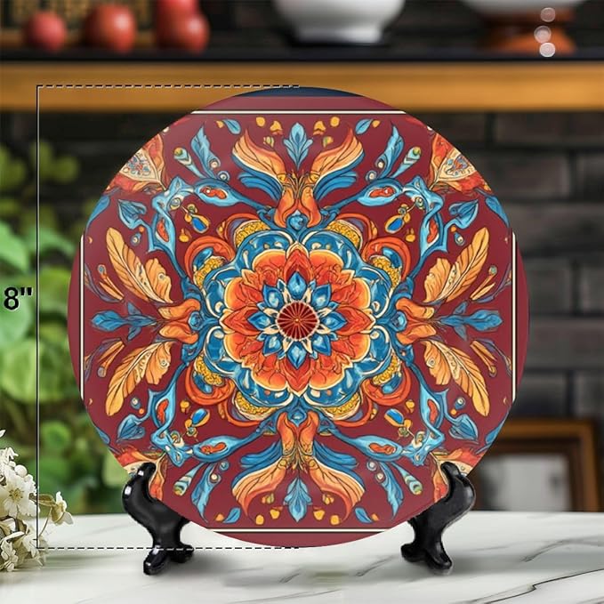 Decorative Plates for Display 8" Ornate Baroque Floral Mandala Rich Red Orange Blue Hues Ceramic Ornament with Display Stand and Hook Up for Wall Decor Hanging Festival Wedding Gift