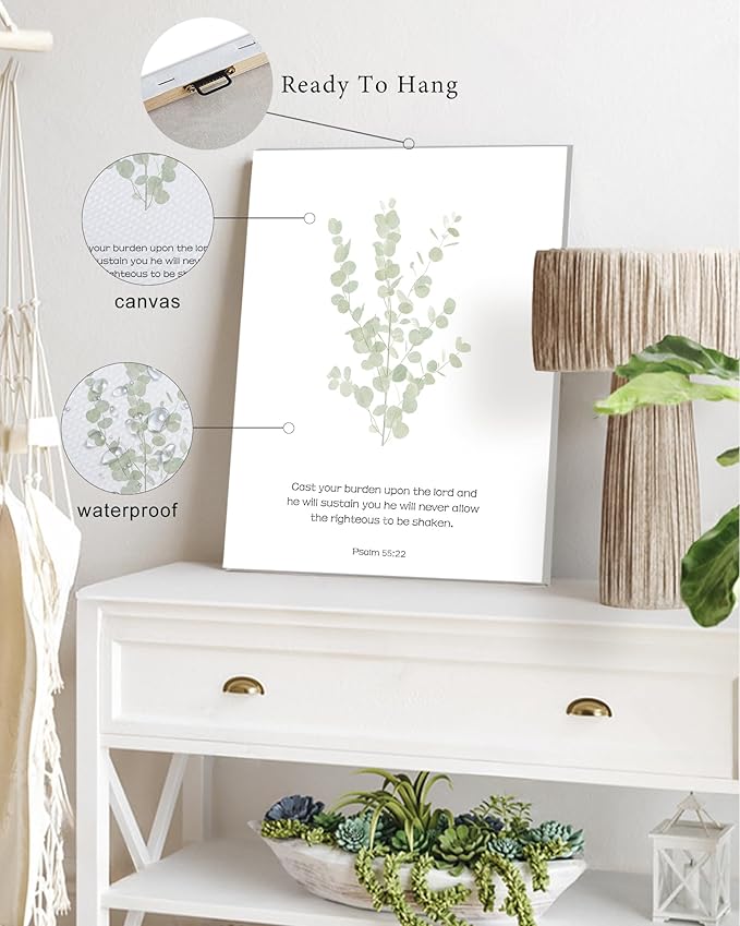 Drsoum Bible Verses Inspirational Scripture Framed Wall Art Botanical Plant Motivational Christian Decor for Bathroom Sage Green Eucalyptus Leaf Prints Ready to Hang 8x10inx4pcs (Framed)