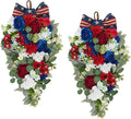 Idyllic 2 Pcs Red White and Blue Floral Swag with Roses, Hydrangea & Daisies | Patriotic Hanging Door Decor for 4th of July Memorial Day Front Door