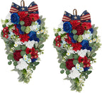 Idyllic 2 Pcs Red White and Blue Floral Swag with Roses, Hydrangea & Daisies | Patriotic Hanging Door Decor for 4th of July Memorial Day Front Door