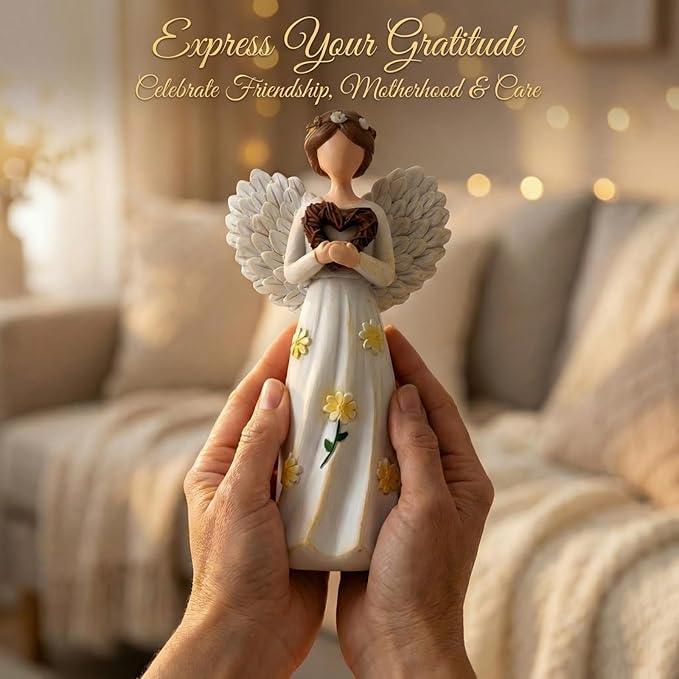 Hand-Painted Guardian Angel Figurine with Heart & Daisy Details – 5.8 Inch Resin Angel Statue for Home Decor – Sympathy, Memorial, & Friendship Gifts for Women, Mom, Grandma, Best Friend
