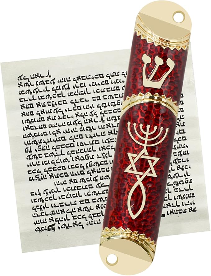 Mezuzah with Scroll for Door, Metal Mezuzah Case with Messianic Seal for Hebrew Home Blessing, Jewish Gifts, Jewish House Warming Decor, Christmas, Easter (Red)