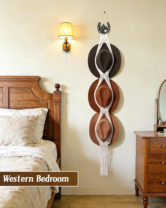Macrame Wall Hat Rack Boho Hat Organizer Wall Mount with Cast Iron Horsehead Hanger Western Hat Holder for Women Wide Brimmed Fedora Straw Cowboy Hats Storage Back of Door Decorative Display