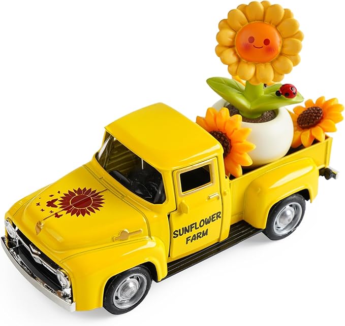 Sunflower Truck Decor, Yellow Vintage Pickup Truck with Sunflower Arrangement, Rustic Farmhouse Summer Tiered Tray Decor, Kitchen Table Centerpiece, Home Office Shelf Decorations