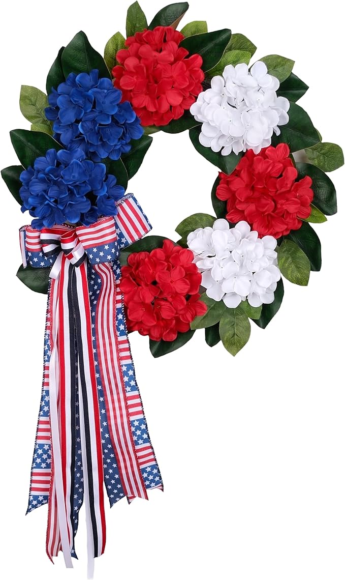 20 Inch Patriotic Front Door Wreath for July 4th Independence Day and Memorial Day, Artificial Red White Blue Hydrangea Wreath with USA Flag-Themed Long Bow