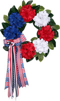 20 Inch Patriotic Front Door Wreath for July 4th Independence Day and Memorial Day, Artificial Red White Blue Hydrangea Wreath with USA Flag-Themed Long Bow