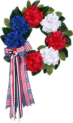 20 Inch Patriotic Front Door Wreath for July 4th Independence Day and Memorial Day, Artificial Red White Blue Hydrangea Wreath with USA Flag-Themed Long Bow