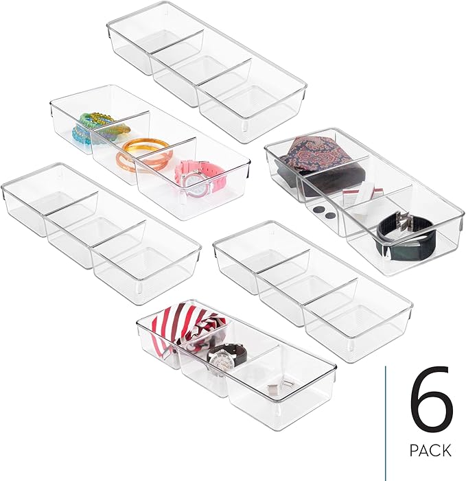 iDesign 3-Section Drawer Organizer for Kitchen, Bathroom, and Desk Drawers - Set of 6 - Clear
