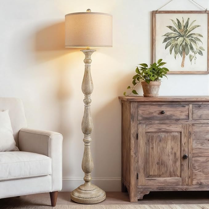 PARTPHONER Vintage Floor Lamp for Living Room, Rustic Farmhouse Standing Lamp with Rotary Switch and Linen Shade, Retro Resin Floor Lamp for Bedroom, Corner, Dining Room, House Decor, Grey