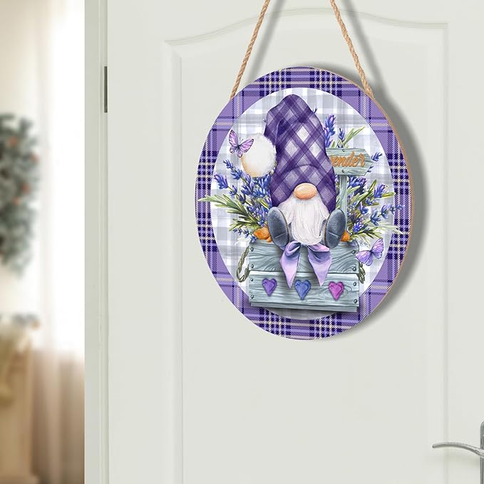 Spring Summer Gnome Lavender Flower Sign for Front Door 12"x12" Purple Floral Buffalo Plaid Wood Door Hanger for Outdoor Outside Porch Spring Summer Farmhouse Wooden Wreath for Wall Porch Yard
