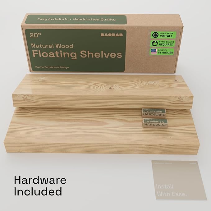BAOBAB WORKSHOP Solid Wood Floating Shelves for Wall 20 Inch Wide, Wooden Shelf for Bathroom, Light Oak Floating Shelves for Room Wall Mounted Kitchen Farmhouse, Natural Wood, 20W × 6.7D, Set of 2