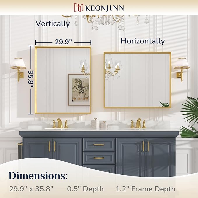 Keonjinn 30 x 36 Inch Brushed Gold Bathroom Mirror Metal Framed Rectangle Wall Gold Vanity Mirror for Bathroom Gold Rectangle Mirror for Bathroom Over Sink(Horizontal/Vertical)