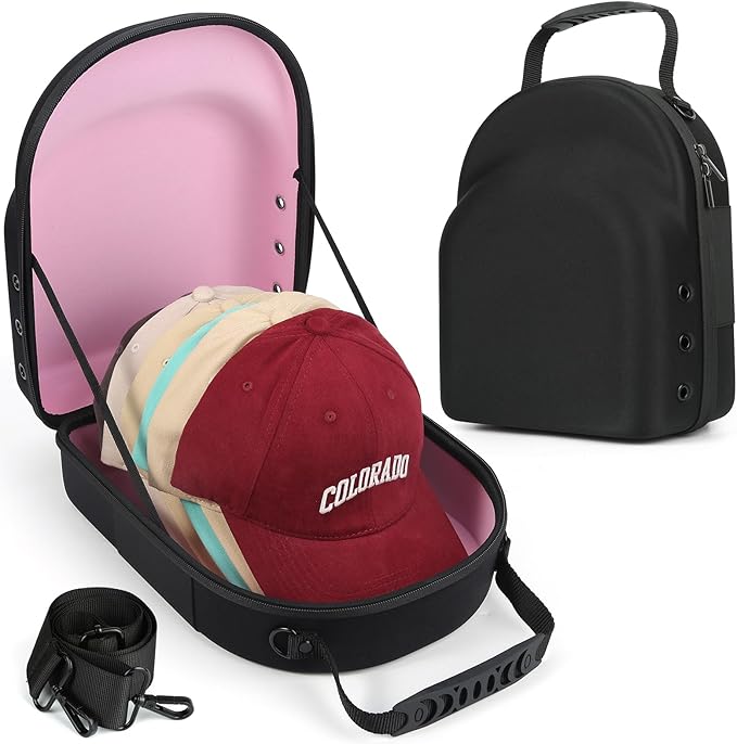 Hard baseball hat case, Hat Carrier Travel Case with Adjustable Shoulder Strap, Hat cap case for 6 Baseball Caps - Perfect for Traveling & At-Home Storage (Black with Pink)