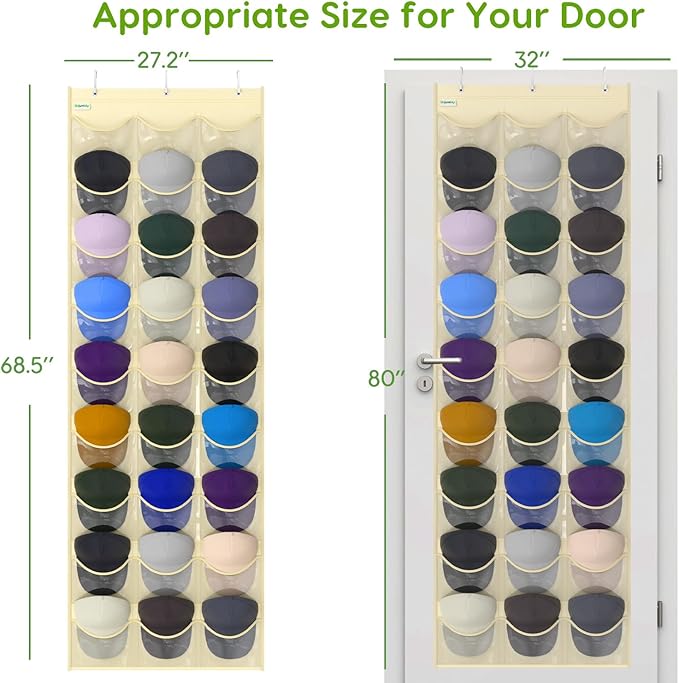 Unjumbly Baseball Hat Rack, 27 Pocket Over-The-Door Hat Organizer with Clear Deep Pockets to Display Baseball Caps Collection, Complete with 3 Over Door Hooks (Beige, 27 Pockets)