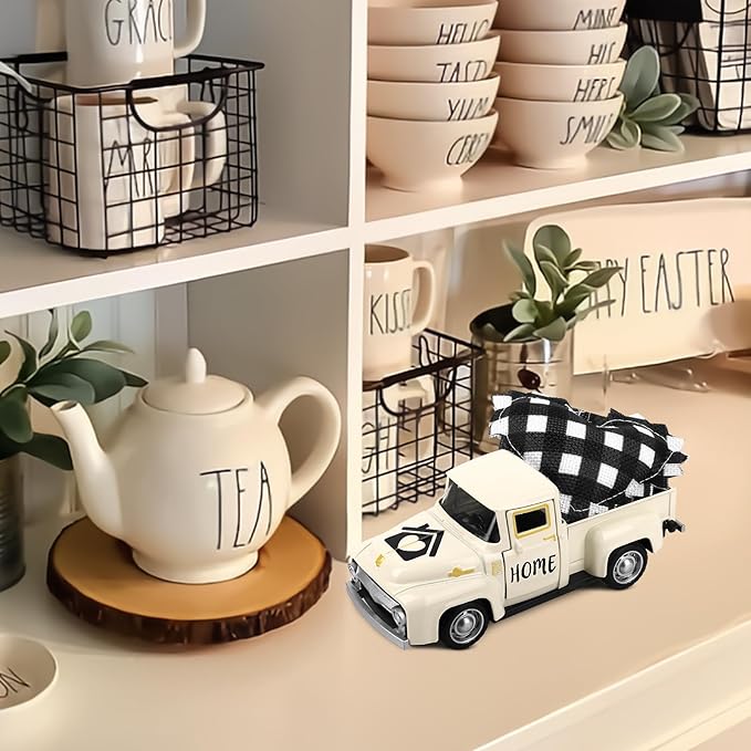 Vintage White Truck Decor with Heart Farmhouse Tiered Tray Decor Vintage Mini Truck Bookshelf Table Decors