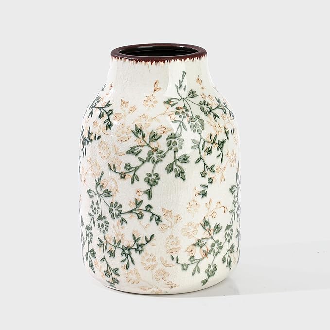 Beige and Green Vintage Rustic Ceramic Vase,Handcrafted Farmhouse Decorative Vase, Easy to Clean Perfect for Flowers Wedding Centerpiece or Shelf Decor 8Inch