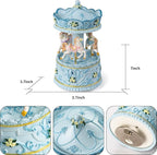 Lighted Rotating Carousel Music Box, Wind Up Musical Merry-Go-Round Figurine, Hand Painted Vintage Blue Collectible Decor, Plays Over The Rainbow, Gift for Girls, Women, Nursery, Bedroom