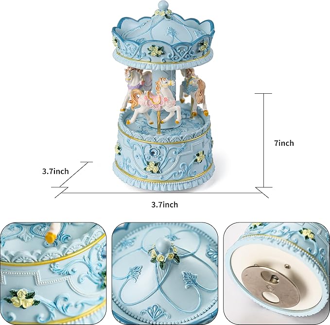 Lighted Rotating Carousel Music Box, Wind Up Musical Merry-Go-Round Figurine, Hand Painted Vintage Blue Collectible Decor, Plays Over The Rainbow, Gift for Girls, Women, Nursery, Bedroom