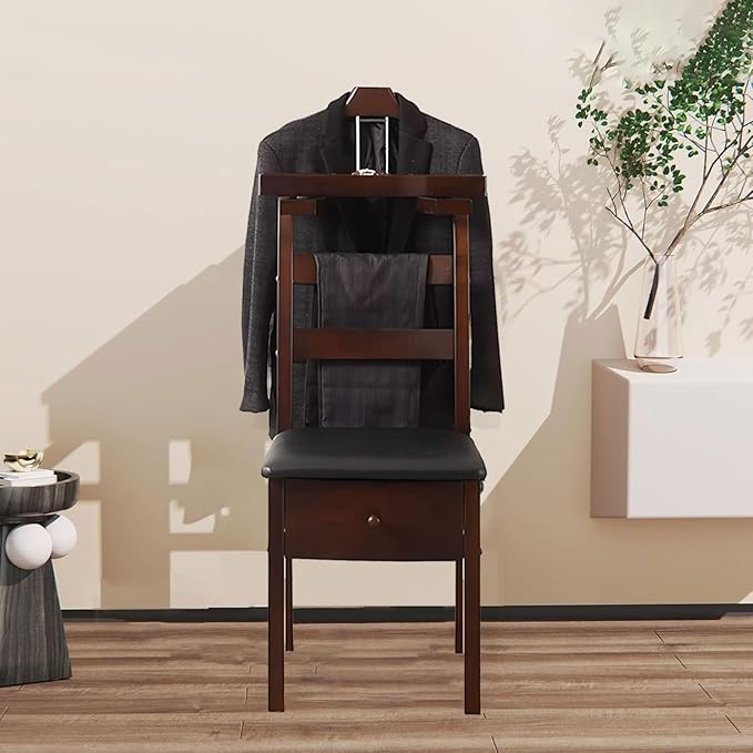 Wooden Valet Chair With Drawer Contour Hanger Mens Suit Valet Stand Clothes Butler Freestanding Clothes Rack For Men Women For Living Room Entryway Office