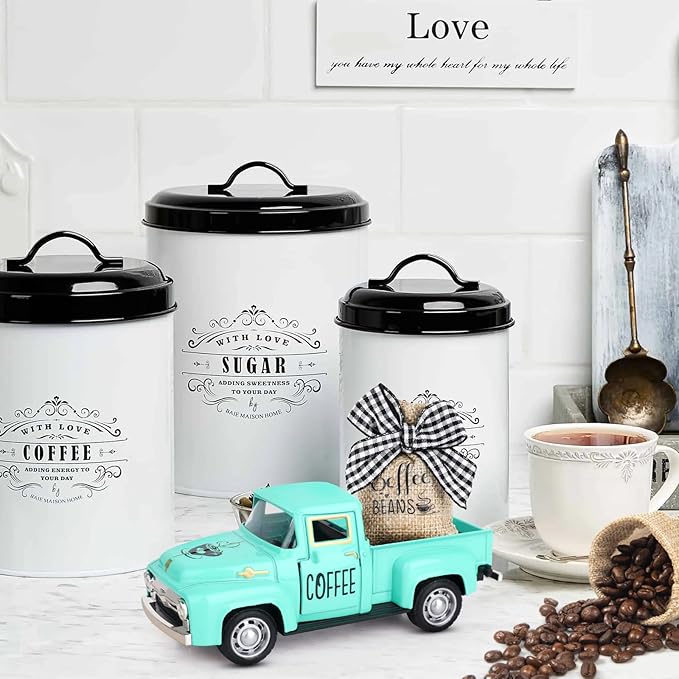 Hxezoc Coffee Decor for Coffee Bar Metal Truck with Coffee Beans Burlap Sack Vintage Pickup Mini Diecast Truck for Farmhouse Coffee Station Home Coffees Bar Tabletop Decorations (Blue)