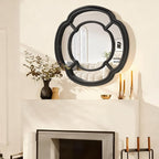 Black Wall Mounted Mirror, Large Irregular Circle Hanging Mirror Wooden Wavy Framed Round Decorative Mirrors for Hallway Entryway Vanity Decor 20 Inch Mirrors