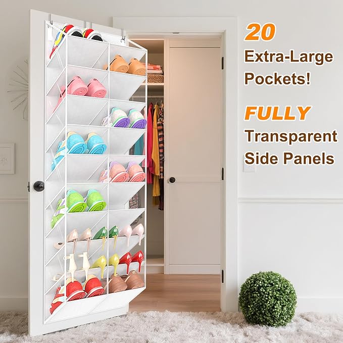 20-30 Pairs Over the Door Shoe Organizer, Clear Pockets Hanging Shoe Storage for Closet, 10-Tier Door Shoes Rack, Handing Shoes Holder Fit All the Family's Sneakers, Boots, Heels, White