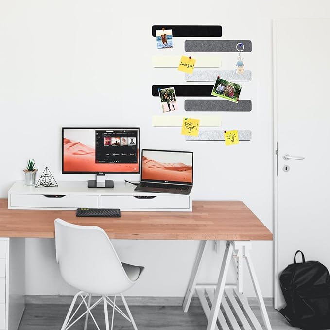 8Pcs Rectangle Felt Cork Board Bar Strips with 35 Pushpins, Self-Adhesive Bulletin Board Strips for Office School Home Wall Decor Stickers Memos Schedules Photos Display -Gradual Grey