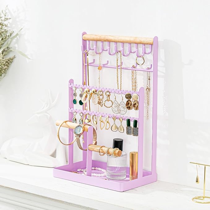 ProCase Jewelry Organizer Stand Necklace Organizer Earring Holder, 6 Tier Jewelry Stand Necklace Holder with 15 Hooks, Jewelry Tower Display Rack Storage Tree for Bracelets Earrings Rings -Purple