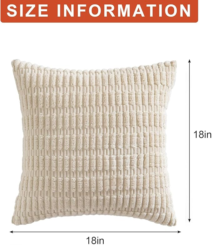 Aegero Pack of 2 Corduroy Decorative Throw Pillow Covers 18x18 Inch Soft Striped Pillow Covers Modern Farmhouse Home Decor for Sofa Living Room Couch Bed(Cream White)