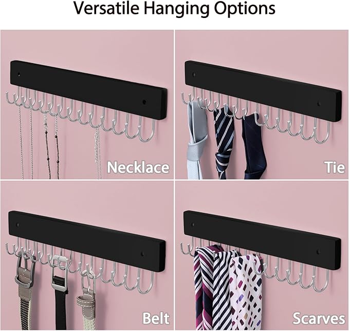 Wall Mounted Necklace Holder, Classic Style Necklace Holder, Tangle-Free Wall Jewelry Organizer with 28 Hooks(2 Packs,Black)
