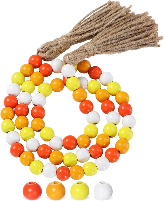 Equsion Seasonal Wooden Bead Garland with Tassels, 3.3 ft Holiday Vintage Boho Bead Garland Easter Tray Decoration, Vase Wall Room Art Birthday Party Decoration(Gradient Yellow)