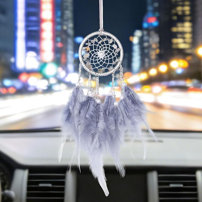 Pretty Jolly Crystal Stone Small Dream Catchers Grey Blue Feathers Mini Dreamcatchers with Beads for Cars Rear View Mirror Hanging Decoration Good Luck Travel Charm Bedroom Ornaments for Women Girls