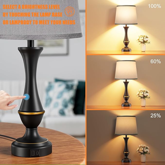 Seealle Upgraded Touch Lamps for Bedrooms Set of 2 - Nightstand Table Lamp with USB C+A, 3 Way Dimmable Lamps for Living Room(Grey)