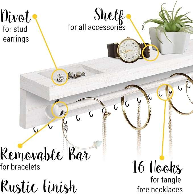 Rustic White Necklace Jewelry Organizer - Wall Mount Jewelry Holder - Mounted Hanging Jewelry Storage Hooks for Necklace, Earrings, and Rings - Farmhouse Wood Decor Bedroom Boho Shelf Rack