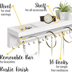 Rustic White Necklace Jewelry Organizer - Wall Mount Jewelry Holder - Mounted Hanging Jewelry Storage Hooks for Necklace, Earrings, and Rings - Farmhouse Wood Decor Bedroom Boho Shelf Rack
