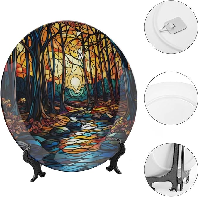 Stained Glass Theme Decorative Ceramic Plate Round Porcelain Plate,7 inch,Sunset Forest Stream Pattern,for Decorative Ornaments Giving Plates, 1 Plate with 1 Display Stand,Orange Blue