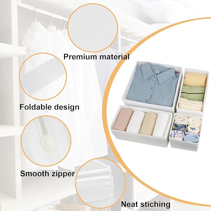 Washable Cloth Drawer Organizer, Set of 4 Foldable Sock Dresser Drawer Organizers Storage Boxes, Fabric Storage Boxes Closet Cabinet Organizer for Clothes (White, S+2M+L)