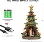 VISFLAIR 12'' Christmas Tree Lighted Manger Nativity Scene, Musical Holy Family Figurines LED Light Play Silent Night Music, Battery & USB Home Decor Gifts Festive Holiday Decorations