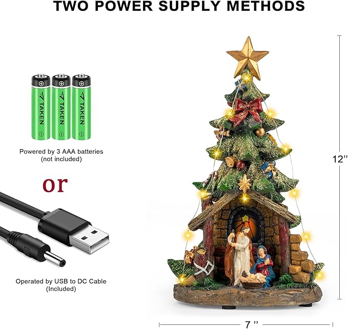 VISFLAIR 12'' Christmas Tree Lighted Manger Nativity Scene, Musical Holy Family Figurines LED Light Play Silent Night Music, Battery & USB Home Decor Gifts Festive Holiday Decorations
