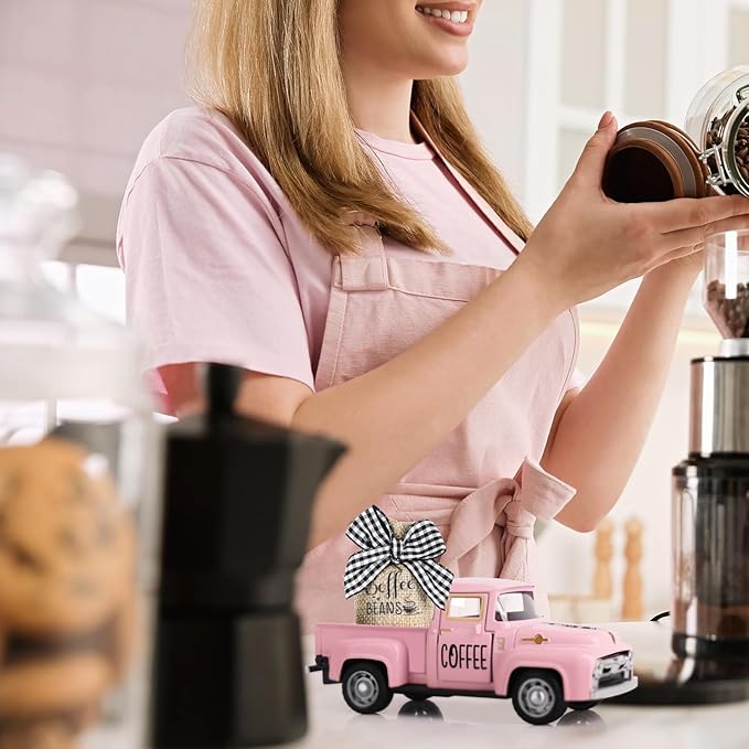 Hooqict Coffee Bar Decor Mini Metal Pink Truck with Coffee Beans Burlap Sack for Pink Home Farmhouse Kitchen Tiered Tray Decor Coffee Bar Accessories Coffee Station Vintage Pickup Valentines Day