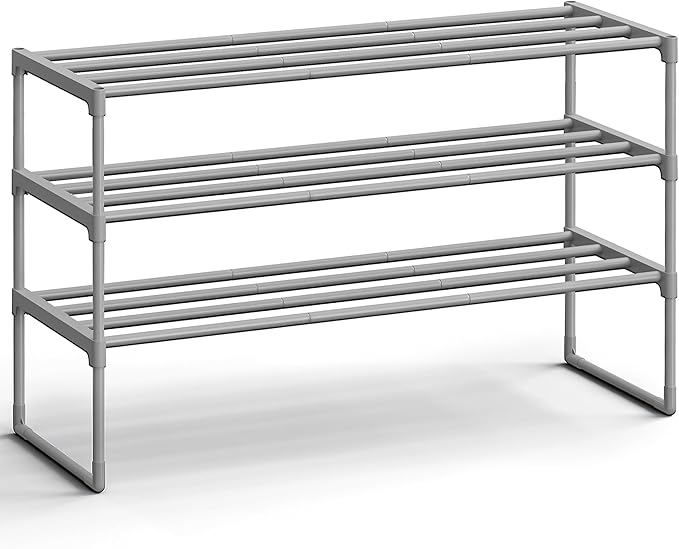 SONGMICS Shoe Rack, 3-Tier Shoe Organizer, Metal Storage Shelf, Upright or Upside Down, for 16-20 Pairs, Stackable, for Entryway, 11.8 x 36.2 x 21.7 Inches, Gray ULSA303G01