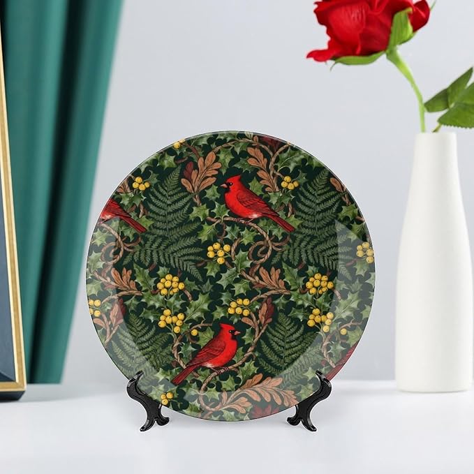 Custom Gifts Fashion Plates, William Morris Style Forest Christmas Holly Cardinals Hand-Painted Ceramic Decorative Plates Home with Display Stand, Funny Decor for Display Table Wall, 6", 7", 8", 10"